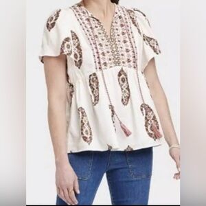 Knox Rose Paisley Boho Peasant White Short Sleeve Top Size Medium